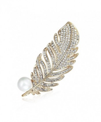 Womens Gold Plated Vintage Gorgeous Peacock Feather Rhinestone Crystal Faux Pearl Bead Brooch Pin - CB187L0RIY6