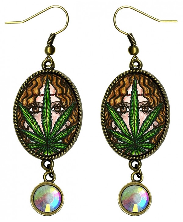 Bohemian Marijuana Hemp Hippie Goddess Bronze Iridescent Rhinestone Earrings - CL1215P10GD