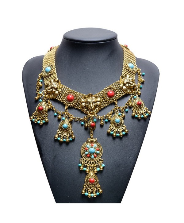 Statement Necklace- SUMAJU Vintage Lion Turquoise Long Chain Charm Necklace Gold Silver Tone - Ancient gold - C918204ZDKQ