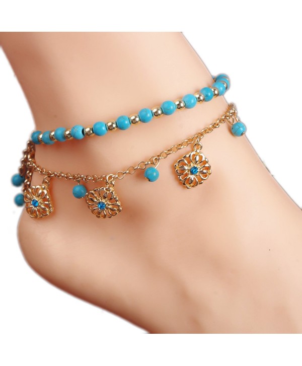 BeOne2015 New Unique Bohemia Two Piece Flower Charm Tassel Chain Turquoise Beads Sandal Anklet - CF123AFN0HH