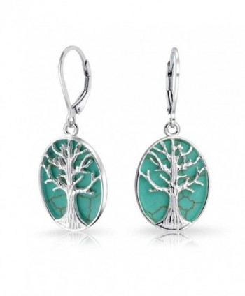 .925 Silver Synthetic Turquoise Tree of Life Leverback Earrings - CC11JKDQZHH