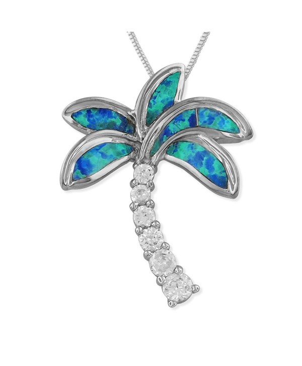 Sterling Silver Synthetic Blue Opal Palm Tree Pendant Necklace- 16+2" Extender - CJ11B7ZRHRX