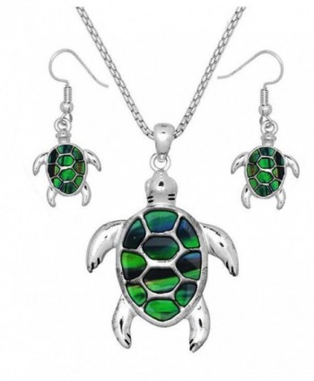DianaL Boutique Silver Tone Abalone Sea Turtle Necklace and Earrings Set - CR187D83U3M