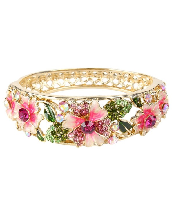 EleQueen Women's Gold-tone Austrian Crystal Enamel Flower Leaf Bangle Bracelet - Pink w/ Green - CJ11S5B7TCZ