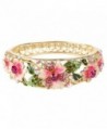 EleQueen Women's Gold-tone Austrian Crystal Enamel Flower Leaf Bangle Bracelet - Pink w/ Green - CJ11S5B7TCZ
