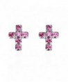 Cute Petite Cross Pink Cubic Zirconia .925 Sterling Silver Stud Earrings - CM11TXTGJWT