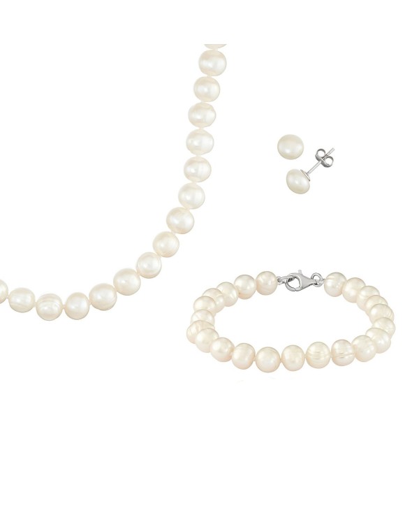 Fresh Water Potato Pearl Sterling Silver Necklace- 18"- Bracelet- 7.5"- and Earring Set - C817YRAA652