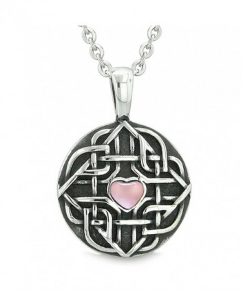Amulet Celtic Shield Knot Magic Heart Protection Powers Pink Simulated Cats Eye Pendant 18 Inch Necklace - CR11U9ZY4XR