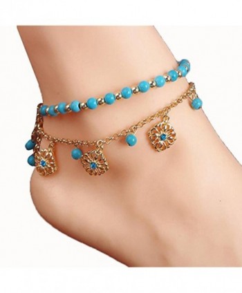 JUST MODEL New Unique Bohemia Two Piece Flower Charm Tassel Chain Turquoise Beads Sandal Anklet - Blue - CA12MXO22E4