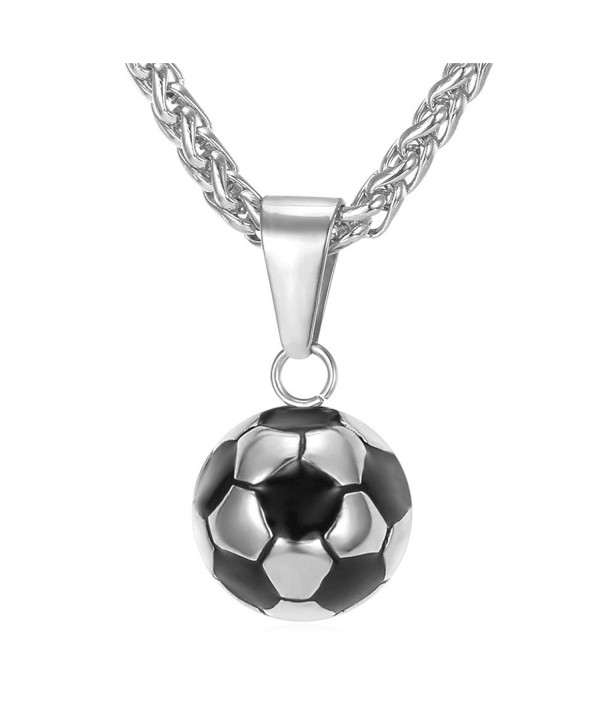Stainless Steel Black Enamel & White Soccer Ball Pendant With 22 Inch Wheat Chain - CY12MFUQM0V