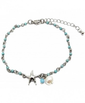 Starfish Charm and Freshwater Pearl Bead Link Anklet - Rhodium - Blue Bead - CF185H26I2N