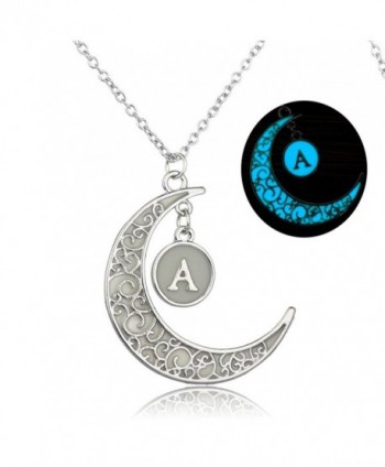 Linsh Initial Necklace Glow in Dark Hollow Out Carved Moon A Letter Pendant Necklace Color: Silver - CT12MG8XJBH