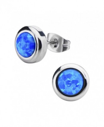 Women's Stainless Steel Bezel Set Blue Synthetic Opal Stud Earrings - C211WRJU3LZ
