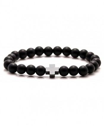 Xusamss Fashion Alloy Cross Black Agate Beads Bangle Elastic Bracelet-7.5inches - Black - CC186NYG9WG