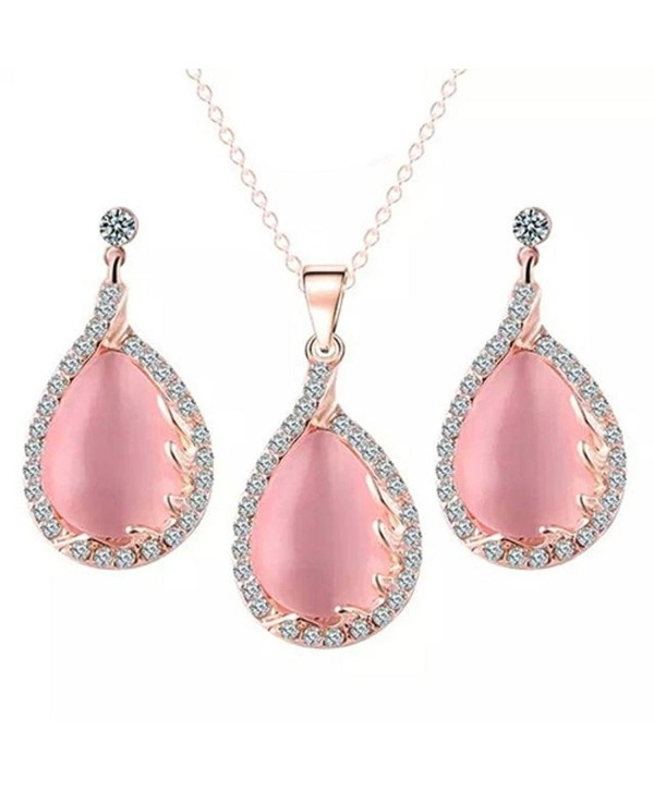 SANWOOD Rose Gold Plated Pink Rhinestone Leaf Pendant Dangle Earrings Necklace Jewelry Set - CC17YZU6CRU
