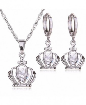 MOOCHI Platium Plated White Zircon Stone Embedded Brozen Necklace Earrings Jewelry Set (Crown) - C412C2IIOHP