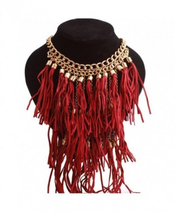 GIONO Multilayer Rope Leather Tassel Ethnic Boho Necklace Choker Collar Dangle Jewelry - Red - CE183CIECTC