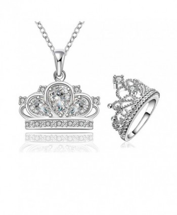 HMILYDYK 925 Sterling Silver Plated Crown Pendant lady's Necklace + Princess Wedding Engagement Ring Gift - C712MAMY3V7