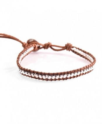 Silver Nugget Wrap Bracelet Metal Beads Handmade in a Brown Lather 1 Layers Fashion Woven Bangle. - CQ128KSUQIV