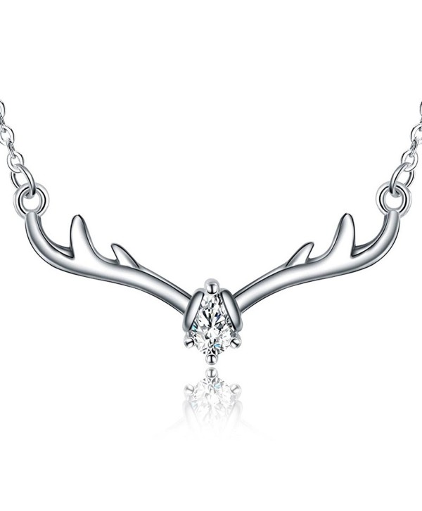 925 Sterling Silver Crystal Christmas Antler Statement Pendant Deer Necklace Jewelry for Women - White - CW187N4SMAZ