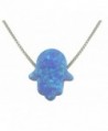 aJudaica Light Blue Created Opal Hamsa Hand Pendant Necklace with Sterling Silver Chain - CU18394XOQ6