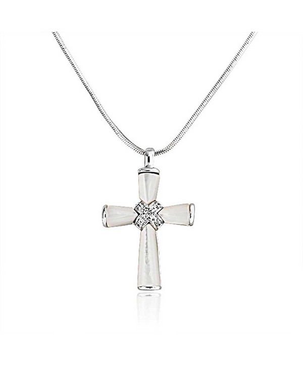 CZ Simulated Mother of Pearl Cross Pendant Rhodium Plated Necklace 16.5 Inches - C711D22DN1D
