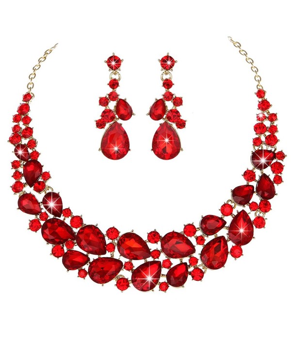 Modbridal Crystal Teardrops Wedding Necklace and Earrings Jewelry Sets for Women Evening Party Dress - Red - CH188705ZOA
