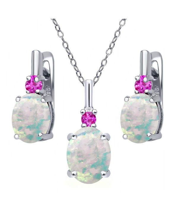 4.88 Ct Oval Cabochon White Simulated Opal Pink Sapphire 925 Sterling Silver Pendant Earrings Set - CL126E77U1B