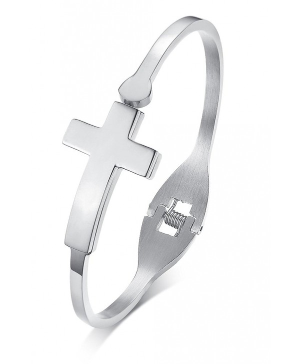 PJ Jewelry Women's Stainless Steel Dainty Sideways Curved Cross Bracelet Cuff Bangle - C9186EYUS0O