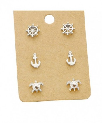 Rosemarie Collections Women's 3 Pairs Nautical Stud Earrings "Sea Turtle Anchor Helm" - Silver Tone - CX17YTRU982