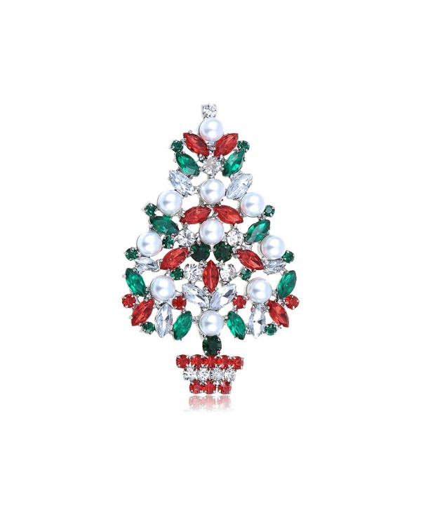 Alilang Silver Tone Faux Pearl Red Green Crystal Rhinestone Winter Holiday Christmas Tree Brooch Pin - C11143SV73L