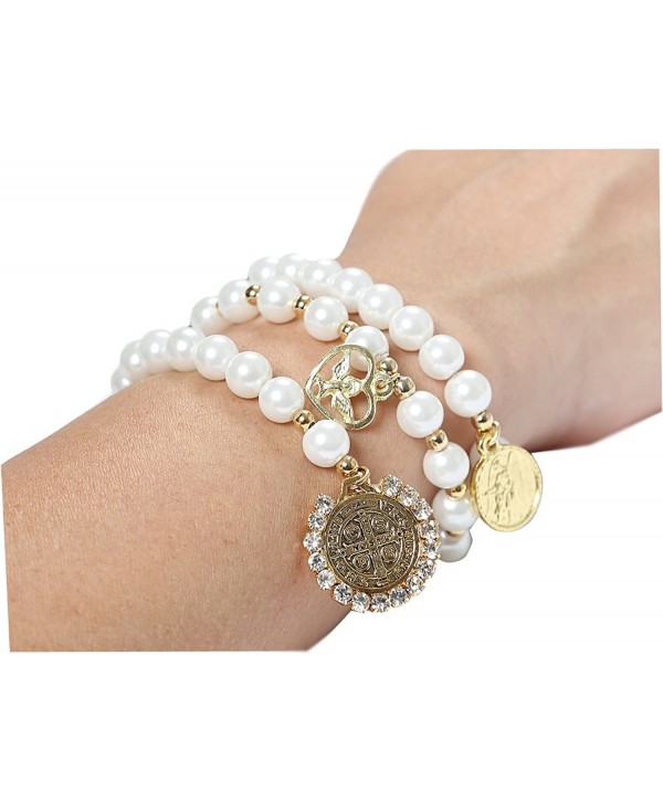 St. Benedict- Holy Dove Spirit and Guardian Angel Medals Stackable Wrap Religious Bracelet - 2.50 Inch - C211RK955UV