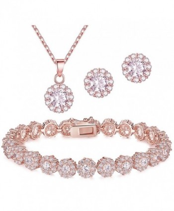 18K Rose Gold Plated Round Cut Cubic Zirconia Bracelet- Necklace and Earrings Jewelry Set - C3186HKTRXL