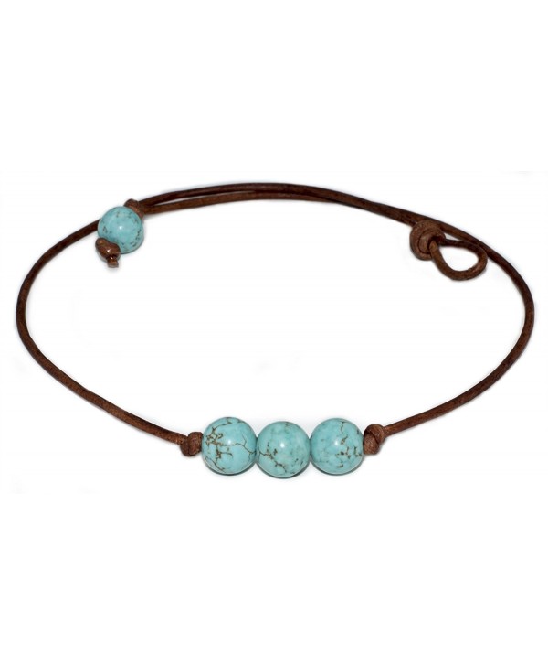 High Quality 3 Stone Genuine Turquoise (10mm) Necklace on Brown Leather Cord- 16" - CP121XK0WRD