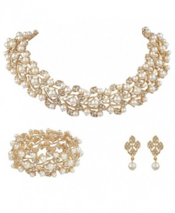 EVER FAITH Austrian Crystal Bridal Cream Simulated Pearl Leaf Jewelry Set Clear - A-Gold-Tone - C311TXB8HTP