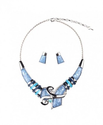 SDLM Women Fashion Jewelry Multiple Splice Alloy Resin Collar Necklace & Stud Earrings Sets - Blue - CE12NTPGUNB
