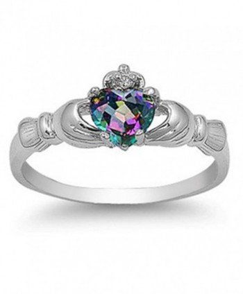 Sterling Silver Rainbow Mystic Color CZ Heart Claddagh Ring 9MM ( Size 3 to 13 ) - CG129AZYXCR