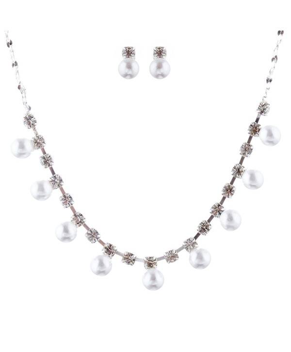 ACCESSORIESFOREVER Bridal Wedding Prom Jewelry Set Crystal Rhinestone Elegant Pearl Necklace Silver - CO11ENJG1O5