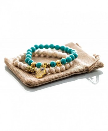 Gems of Peace - Antique White & Turquoise with Gold Charm Hamsa Buddha Bracelets - CA128T9YFBF