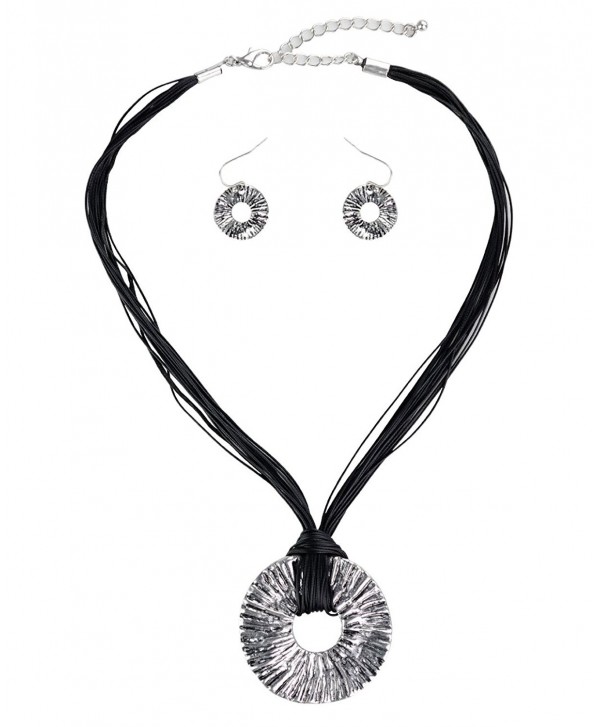 Women's Multi Strand Round Disc Pendant Necklace and Earring Set - Black/Silver-Tone - CP183ZU6WS8