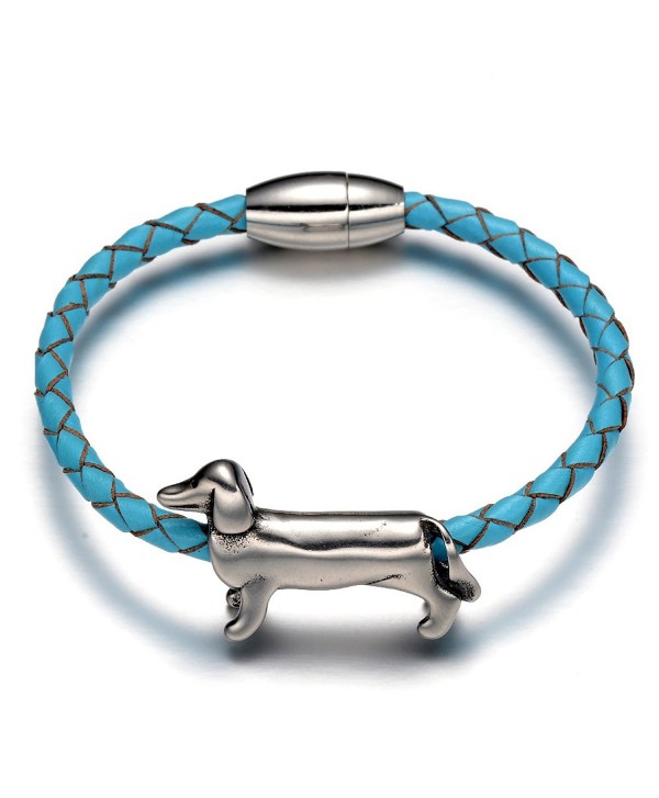 REAMOR Unisex 316L Stainless Steel Dachshund Dog Beads Braided Leather Bracelets With Magnet Clasp - Blue - C412OBSKT2A