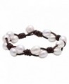 Women's Leather Braided Bracelet with White Cultured Freshwater Pearls and Black Brown Leather Cord 7.8" - CS121MEHPPR