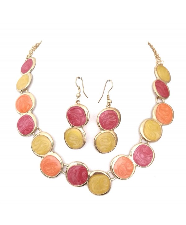 Red Yellow Orange Enamel Dots Gold Tone Necklace Earrings Set - C711AQVHDVD