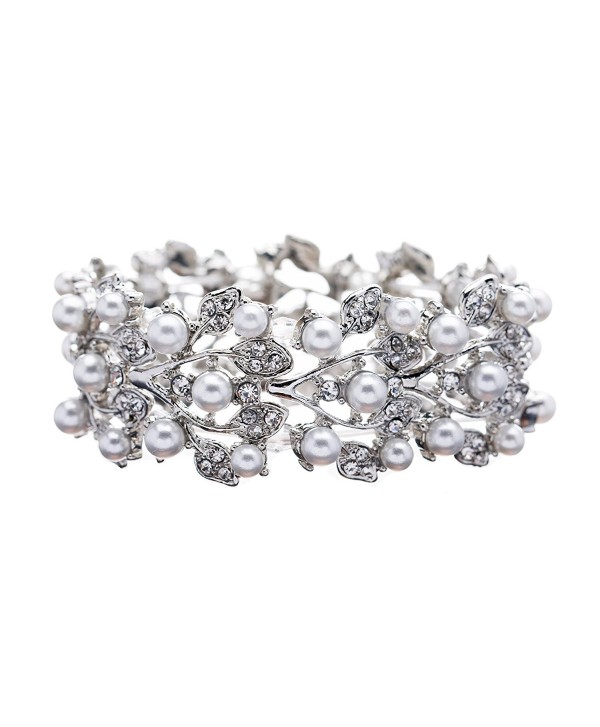 ACCESSORIESFOREVER Bridal Wedding Jewelry Crystal Rhinestone Pearl Leaf Stretch Bracelet Silver - CK118TCCNRL