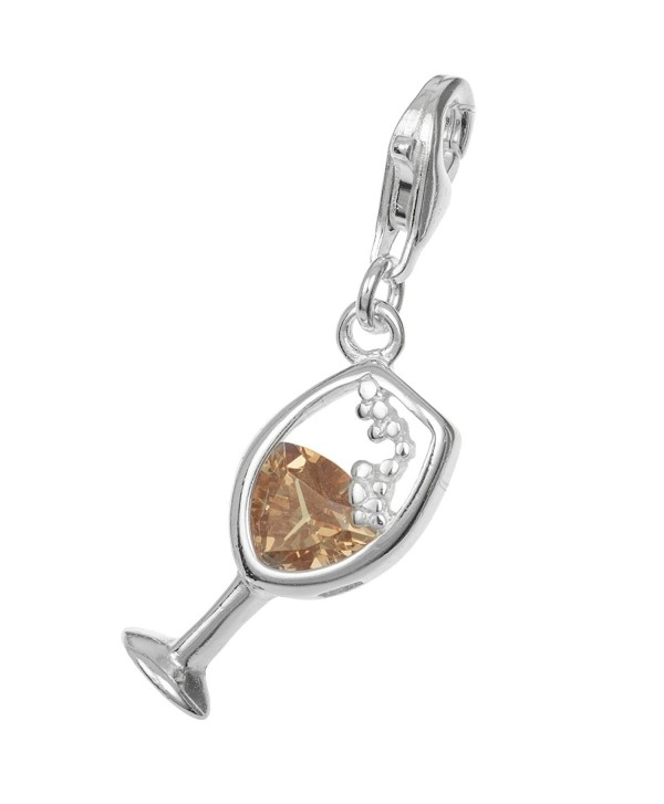 925 Sterling Silver Wineglass Drink Cup Brown Cz Crystal Dangle European Lobster Clip On Charm - C011ETMAP6Z