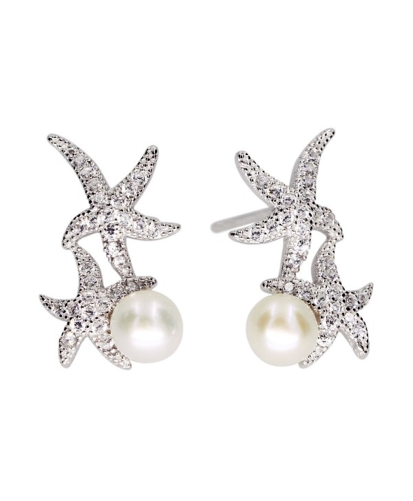 Luna Azure Sterling Silver Pearl Cubic Zirconia Starfish Women Stud Earrings - CG12NGEHFNH