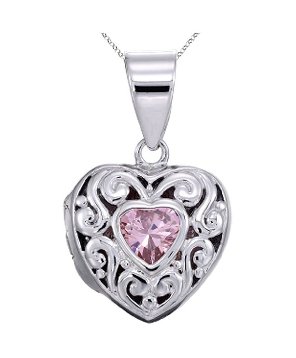 Sterling Silver Rhodium Heart Locket Pendant Necklace with Pink Heart Shape CZ Chain Included - CA11TOX633T