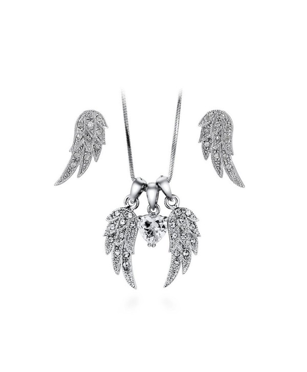 BERRICLE Rhodium Plated Base Metal Cubic Zirconia CZ Angel Wings Fashion Necklace and Earrings Set - CY1292EY9T9