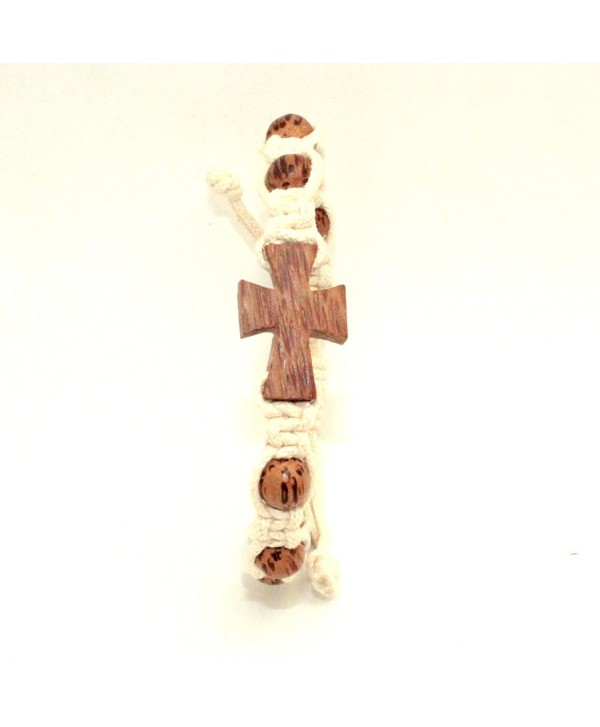 Off-White Macrame Bracelet with Palm Wood Cross and Beads- Sliding Lock - CC119WMOHV7
