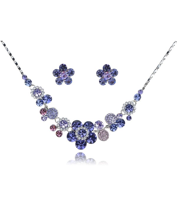 Alilang Womens Silver Tone Purple Rhinestones Floral Flower Necklace Earrings Set - CT1183MZHT3